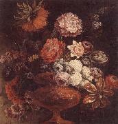 unknow artist Still life of chrysanthemums,lilies,tulips,roses and other flowers in an ormolu vase Germany oil painting reproduction